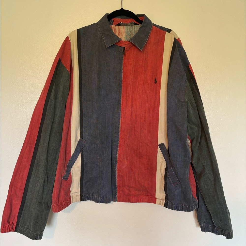 Vintage Polo by Ralph Lauren Men's Red, Blue, and Cream Zip-up Jacket